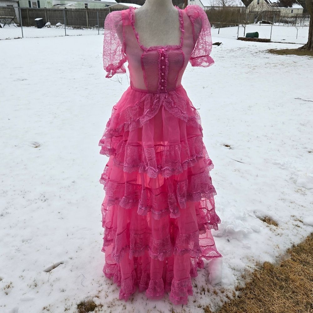 NEW Dolls Kill pink sheer lace kawaii Pretty Imperfect tiered maxi dress gown S - Picture 1 of 10